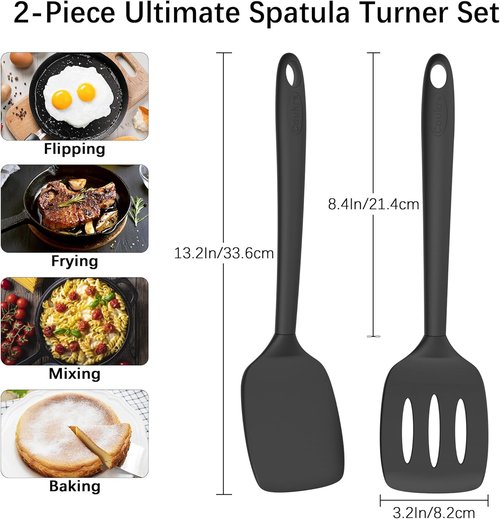 Coukre Silicone Spatula Set - High Heat Resistant, BPA Free | Solid & Slotted Turner, 2 Pack in Pure Black
