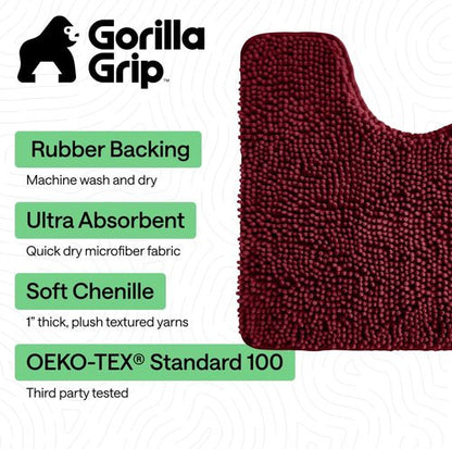 GORILLA GRIP Bath Rug Mat - Plush Absorbent Shaggy Chenille for Oval Toilet Base | Machine Washable, Burgundy