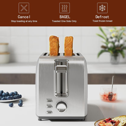 Runnatal 2-Slice Stainless Steel Toaster - Multifunctional with 7 Settings, Defrost & Bagel Functions | Easy to Clean, 120V 800W Silver