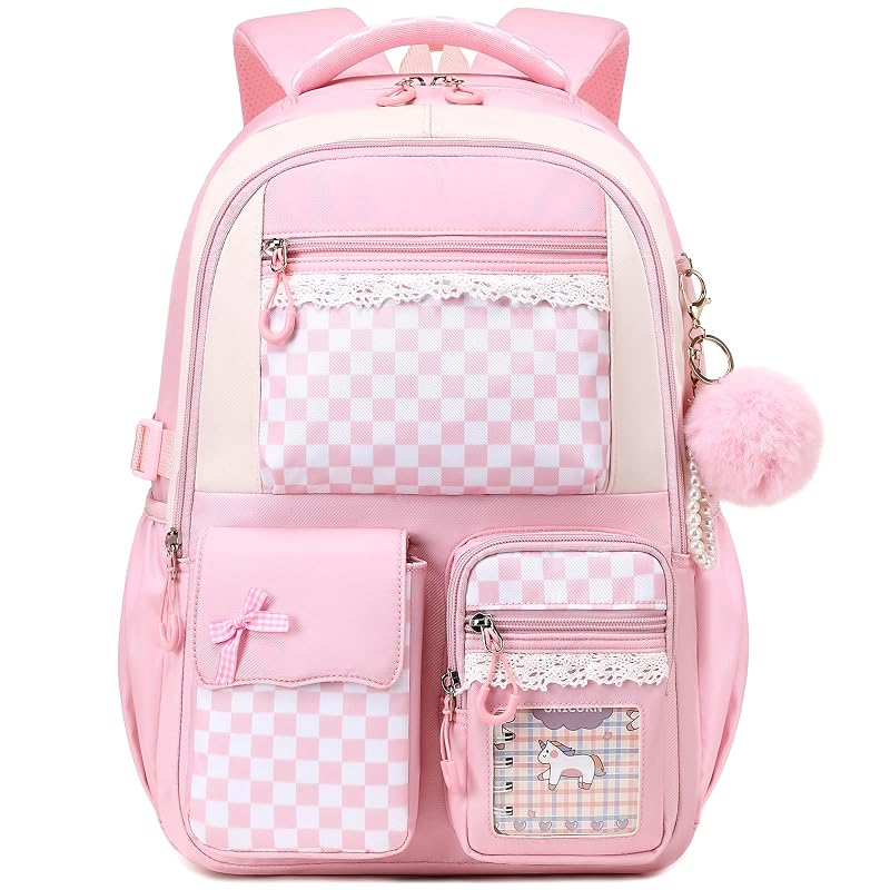 Kids School Backpack for Girls 6-14 Pink Checkerboard Variation: Pink Checkerboard