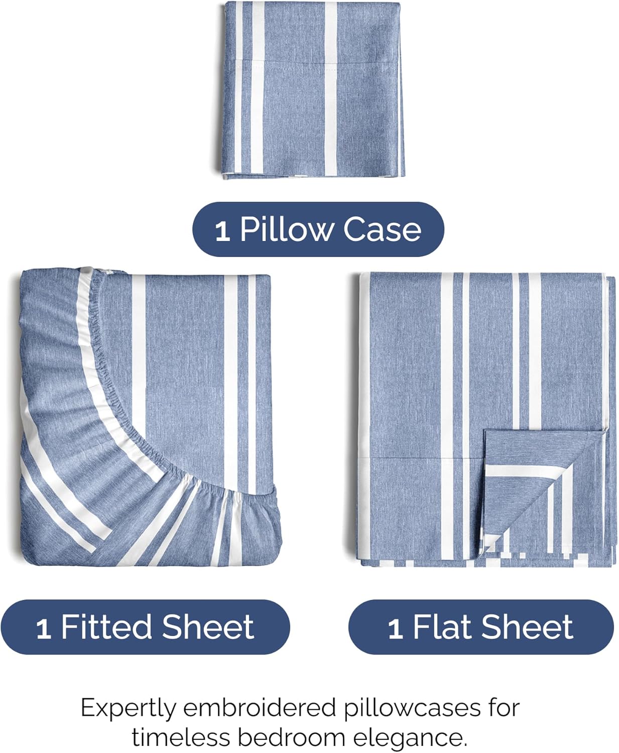 Skiennix Twin Size Sheet Set - Comfy, Breathable & Cooling Bedding - Luxury Hotel Quality - Deep Pockets, Soft, Wrinkle-Free - Blue Stripes