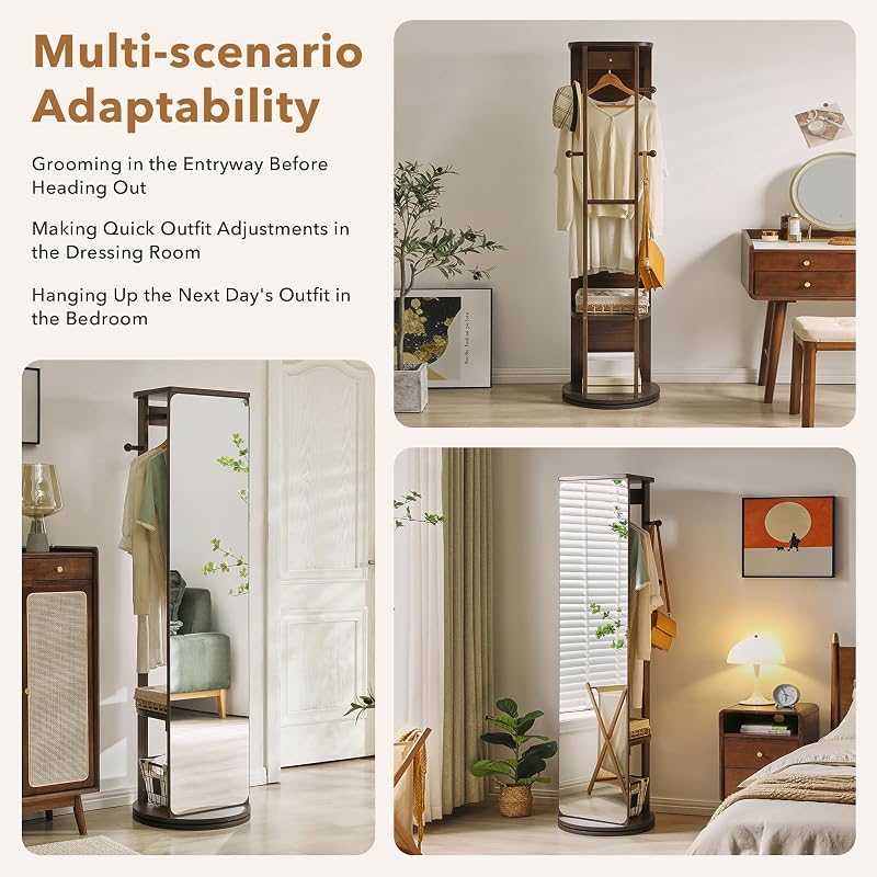 Full Length Mirror Coat Rack - 360° Rotating Standing Mirror with Storage (Variation: With Top)