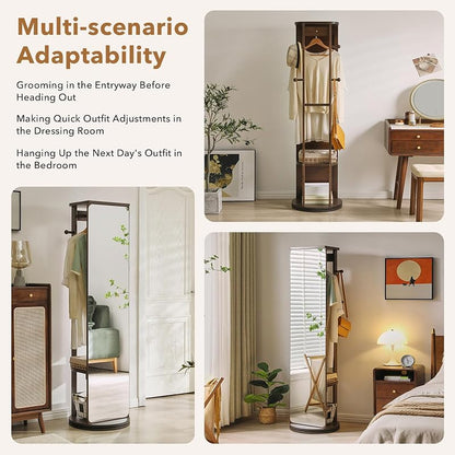 Full Length Mirror Coat Rack - 360° Rotating Standing Mirror with Storage (Variation: With Top)