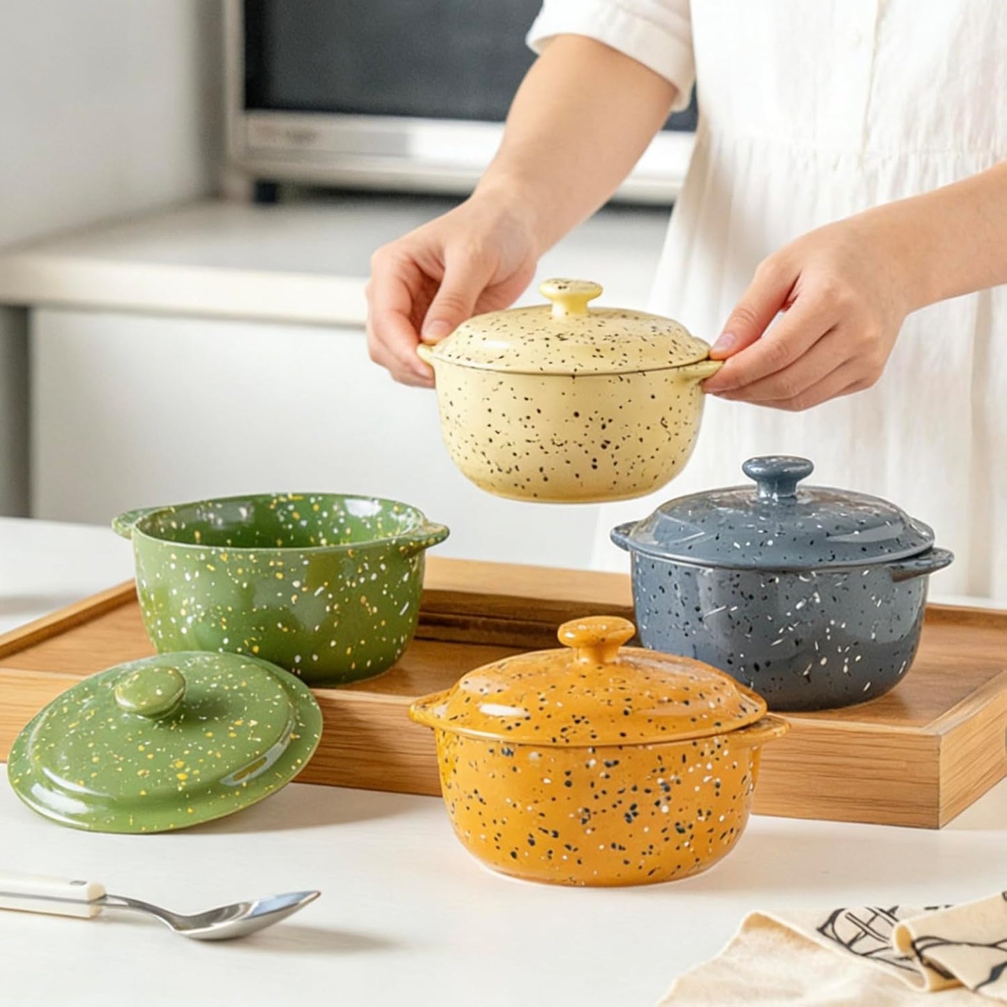 Skiennix Ceramic Mini Cocotte Set - 10 Oz Individual Casserole Dishes with Handles & Lid | Assorted Colors