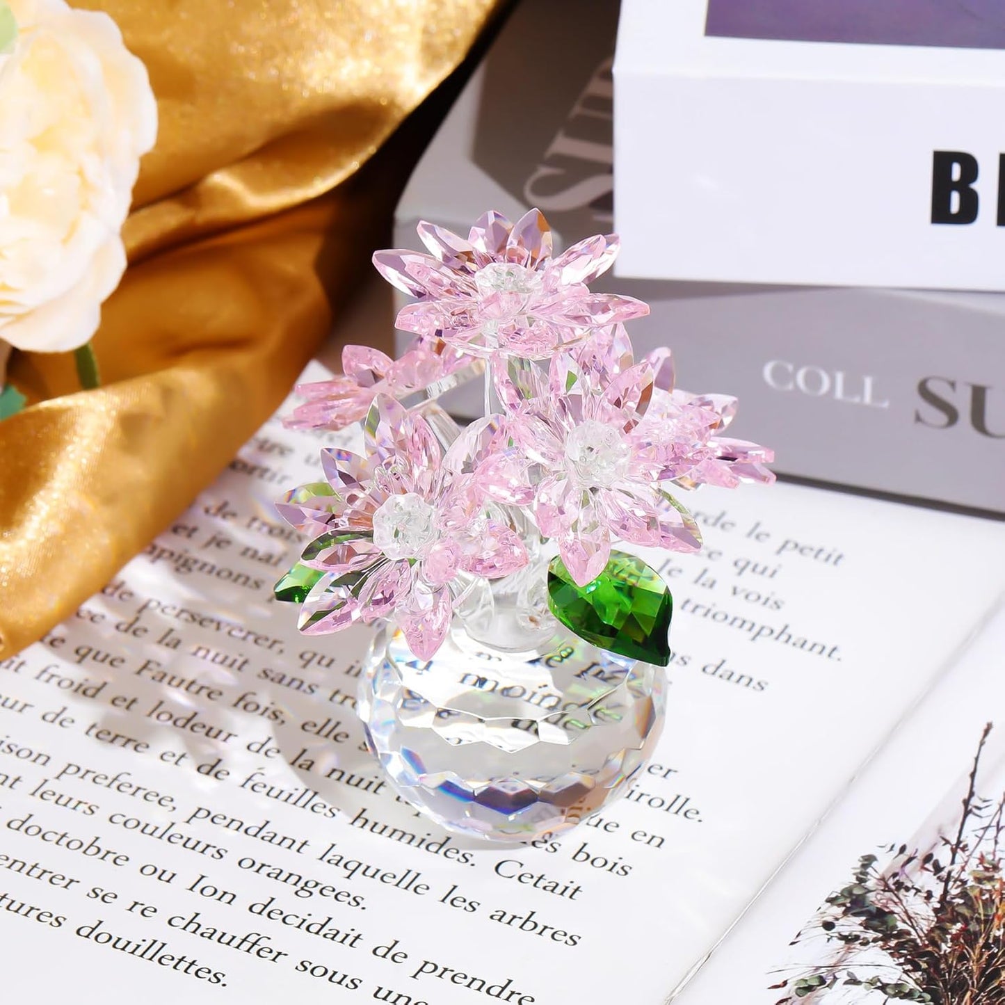 YWHL Pink Crystal Flower Figurine - Handmade Glass Decor Gift for Women | Beautiful Table Centerpiece