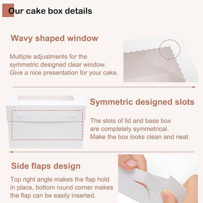 Mcfleet Cake Boxes - 10 Inch Tall Disposable Bakery Containers with Window | White 10-Pack for Events
