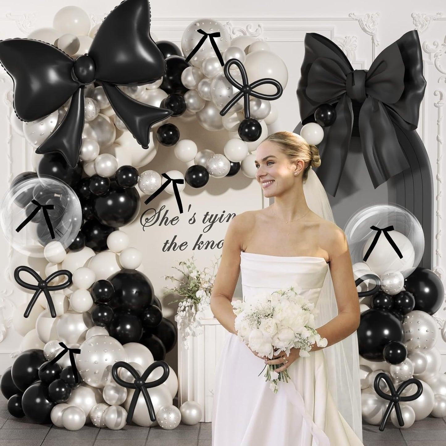 Skiennix Black Bow Birthday Decorations - 187-Piece Black and White Balloon Arch Kit with Pearl Balloons & Ribbons