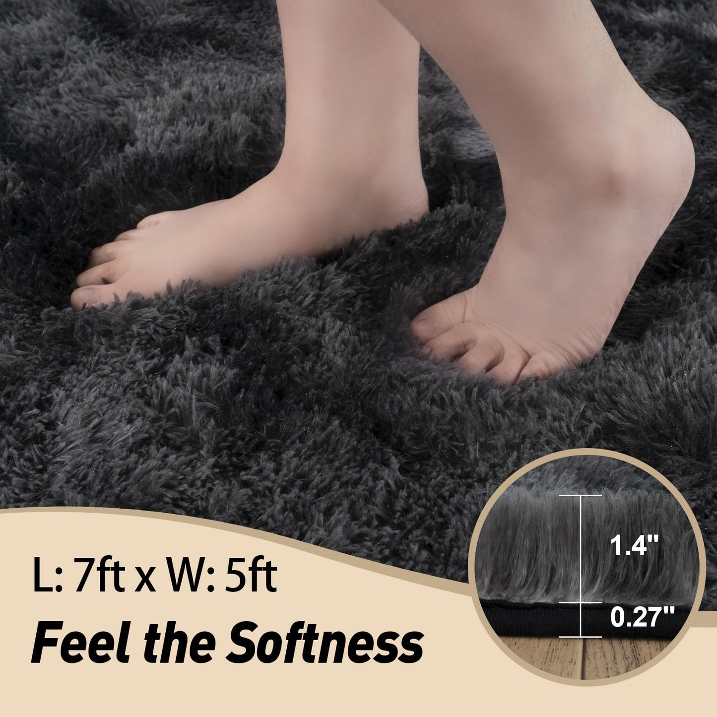 Mugorn 5x7 Rugs for Living Room, Large Fluffy Area Rugs for Bedroom, Soft Carpet Shag Kids Rug with 4 Non-Slip Rug Pads (Black Grey Tie-Dyed, 5ft x 7ft)