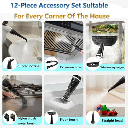 Handheld Pressurized Steam Cleaner with 12 pcs Accessories, Portable Steamer for Cleaning, Steam Cleaner for Home Use, Steamer for Cleaning Car, Furniture, Floor, Upholstery, Grout and Tile, Deep Gray