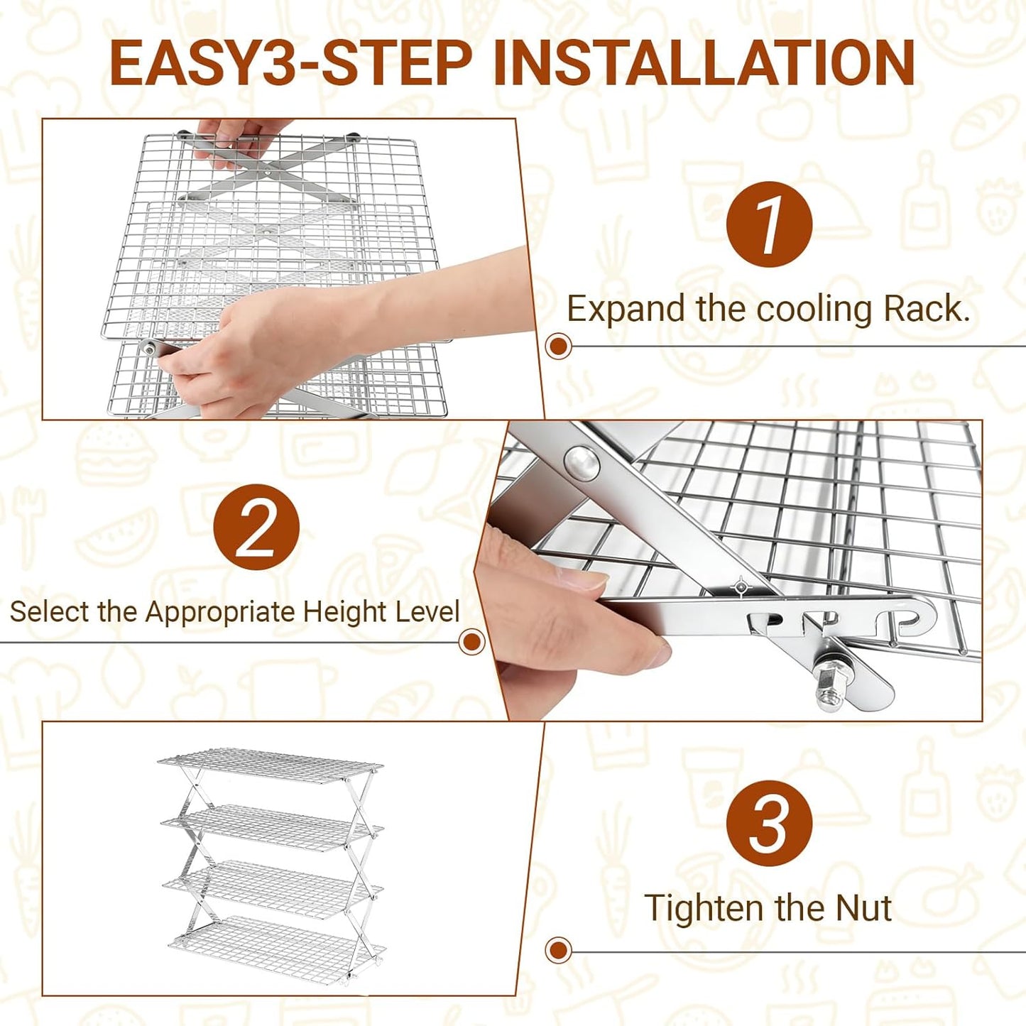 4 Tier Collapsible Cooling Rack - Adjustable Stainless Steel Baking Rack with Leak-Proof Mesh | Perfect for Cooking, Baking & Grilling