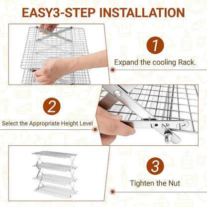 4 Tier Collapsible Cooling Rack - Adjustable Stainless Steel Baking Rack with Leak-Proof Mesh | Perfect for Cooking, Baking & Grilling
