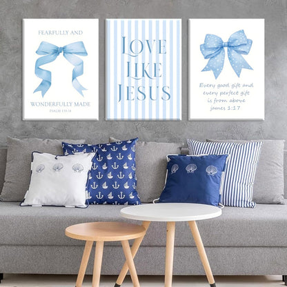 Blue Bow Jesus Canvas Wall Art - Inspirational Bible Verse Decor for Dorm Room | 12x16 Inch Framed