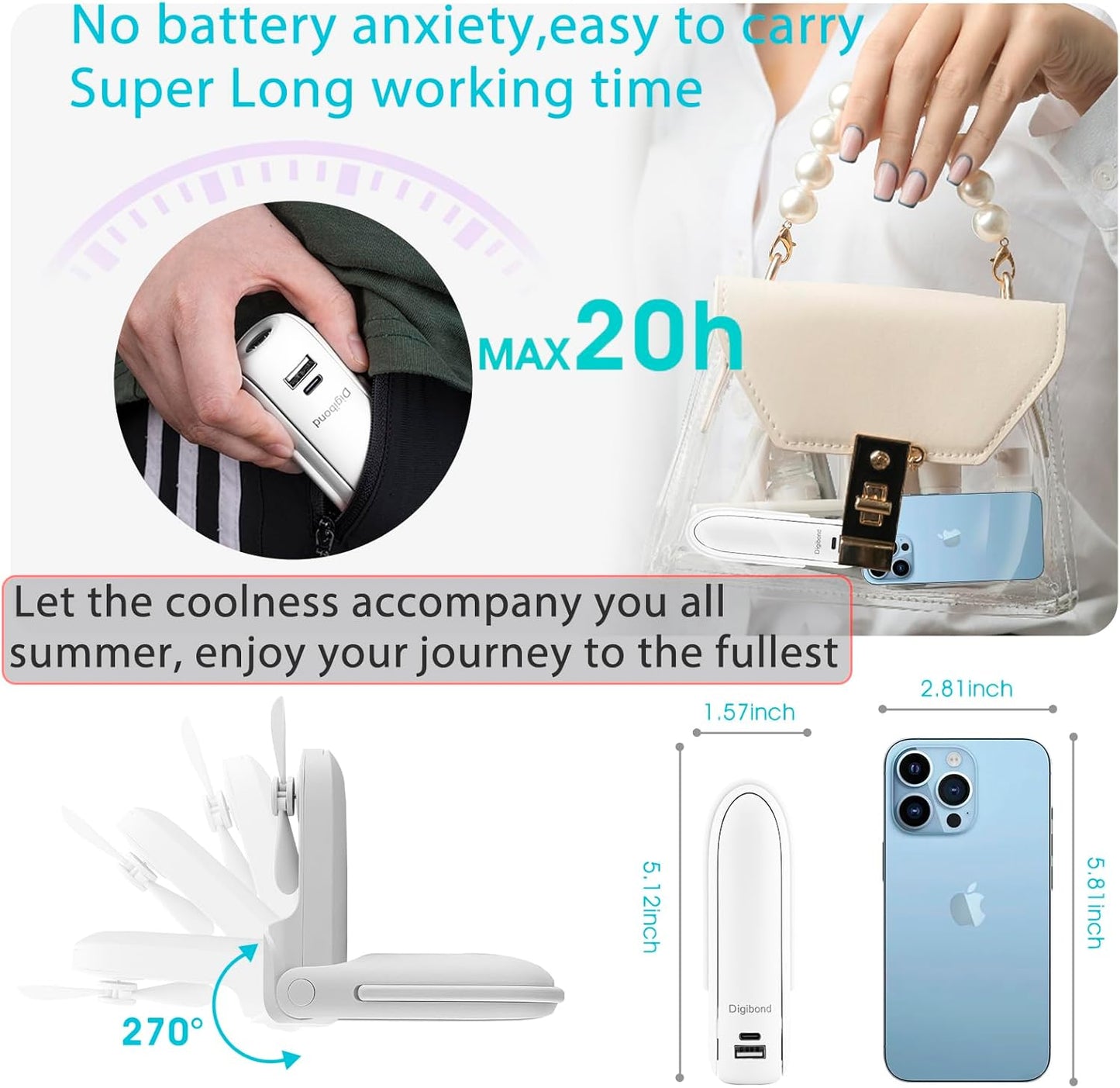 Skiennix Portable Handheld Fan - 6-in-1 Rechargeable Mini Fan with Flashlight & 3 Speeds | White
