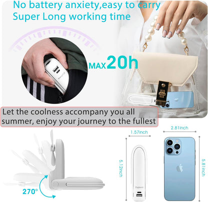 Skiennix Portable Handheld Fan - 6-in-1 Rechargeable Mini Fan with Flashlight & 3 Speeds | White