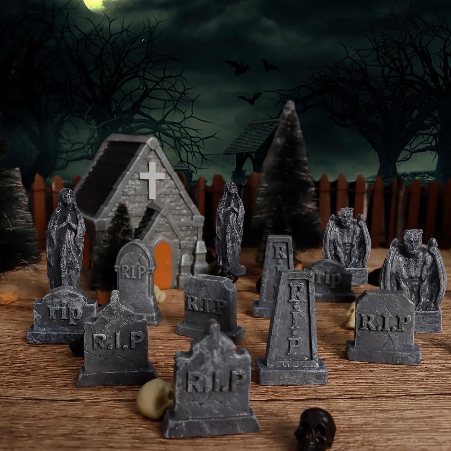 Rileryan Miniature Church Tombstones - 15 PCS Gargoyle Virgin Figurines for Halloween Decor