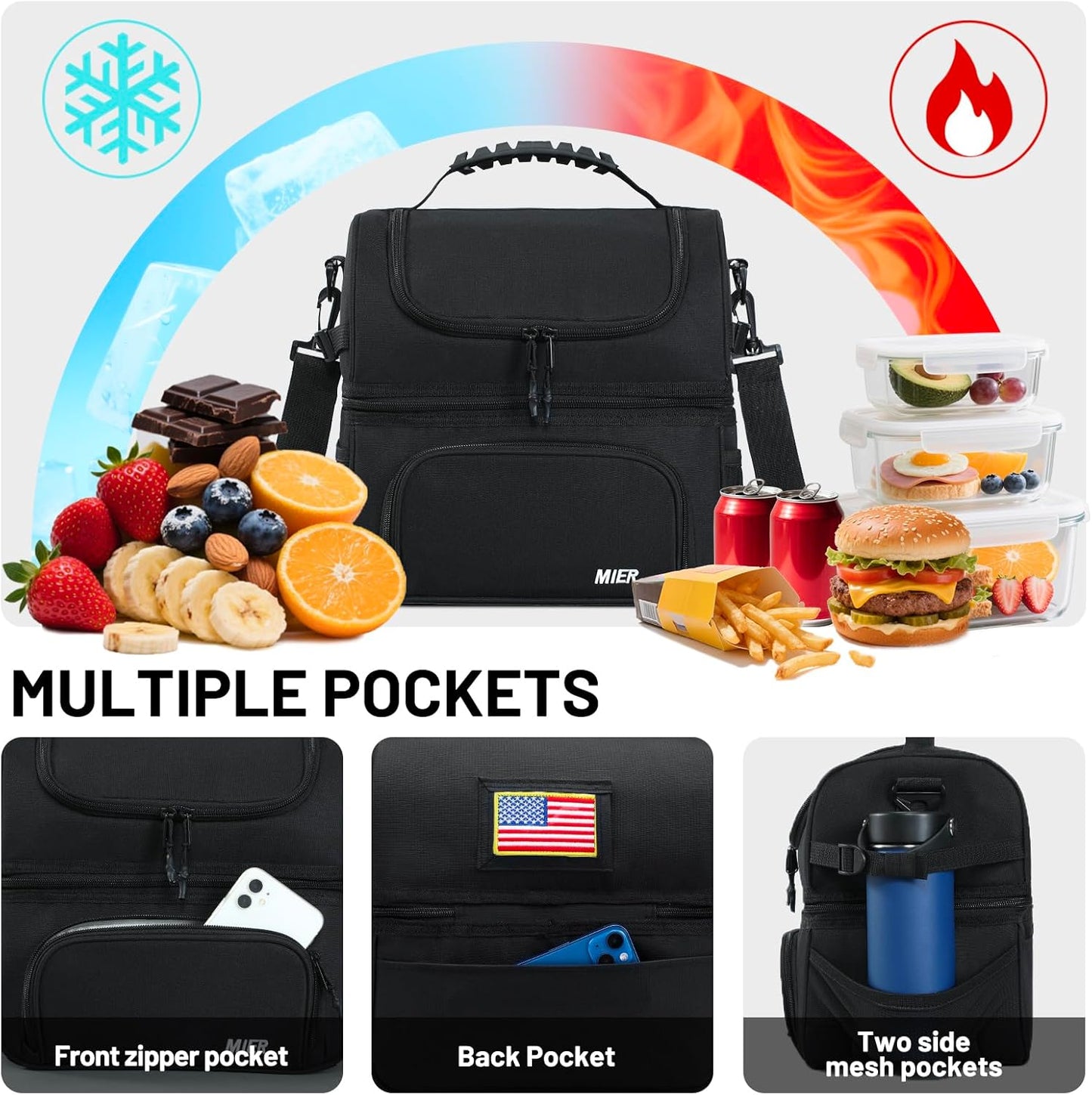 MIER Insulated Lunch Bag Tote - Dual Compartment Cooler with Shoulder Strap | Leakproof, Black