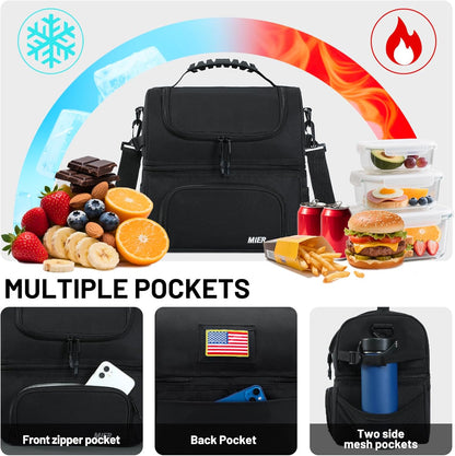 MIER Insulated Lunch Bag Tote - Dual Compartment Cooler with Shoulder Strap | Leakproof, Black
