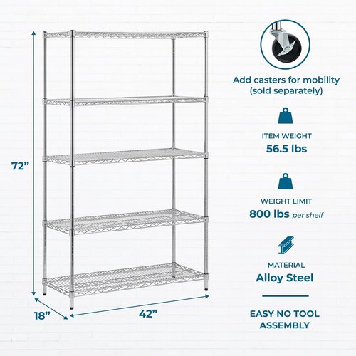 Honey-Can-Do Heavy-Duty 5-Tier Metal Storage Rack - 800 lb Capacity, Chrome Finish, 18" W x 42" L x 72" H