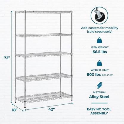 Honey-Can-Do Heavy-Duty 5-Tier Metal Storage Rack - 800 lb Capacity, Chrome Finish, 18" W x 42" L x 72" H