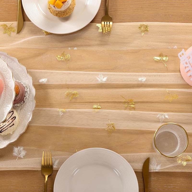 Beige Gold Glitter Gauze Table Runner 10 ft 29x120 Inch - Sparkling Cheesecloth for Weddings & Parties (Variation: Beige Gold Maple+1)