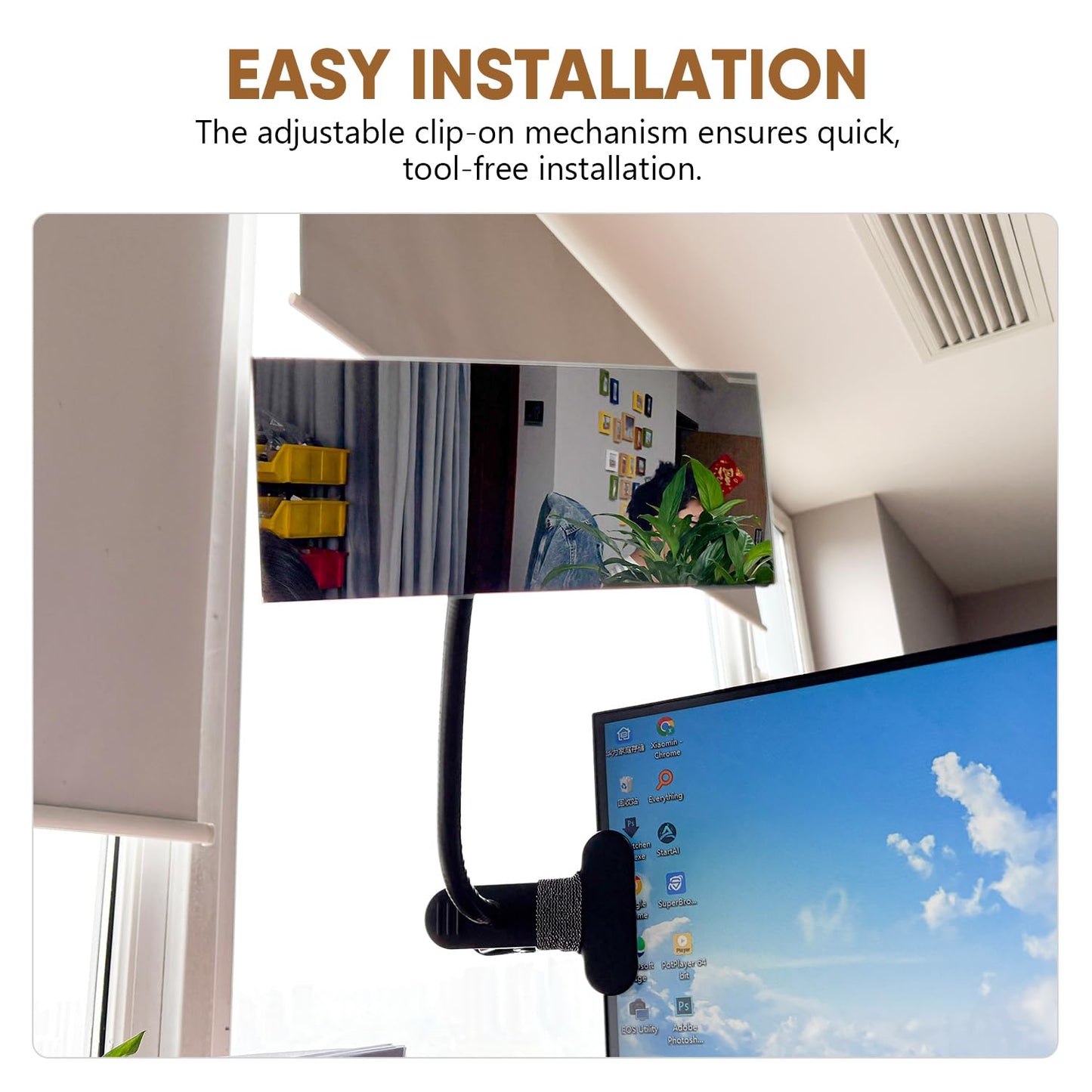 Skiennix Clip-On Security Mirror - Convex Desk Rear View Mirror with Flexible Gooseneck | 6.69"x2.95" Frameless