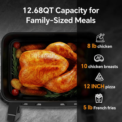Skiennix 1600W Dual Zone Air Fryer Oven - 12.69QT Nonstick Basket with Smart Finish & Digital Touchscreen