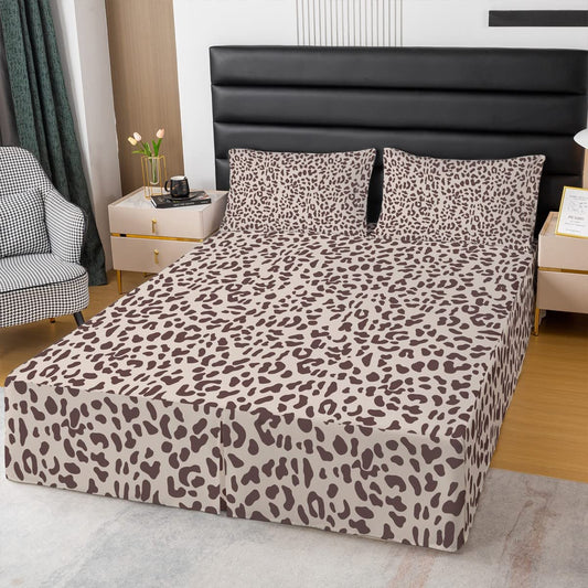 Brown Leopard Bed Skirt Queen Size, Cheetah Print Bedskirt Dust Ruffle 15 Inch Drop for Kids Boys Girls Men Women Bedroom Decor, Africa Safari Animal Wrap Around Luxury Bed Skirts with Split Corners