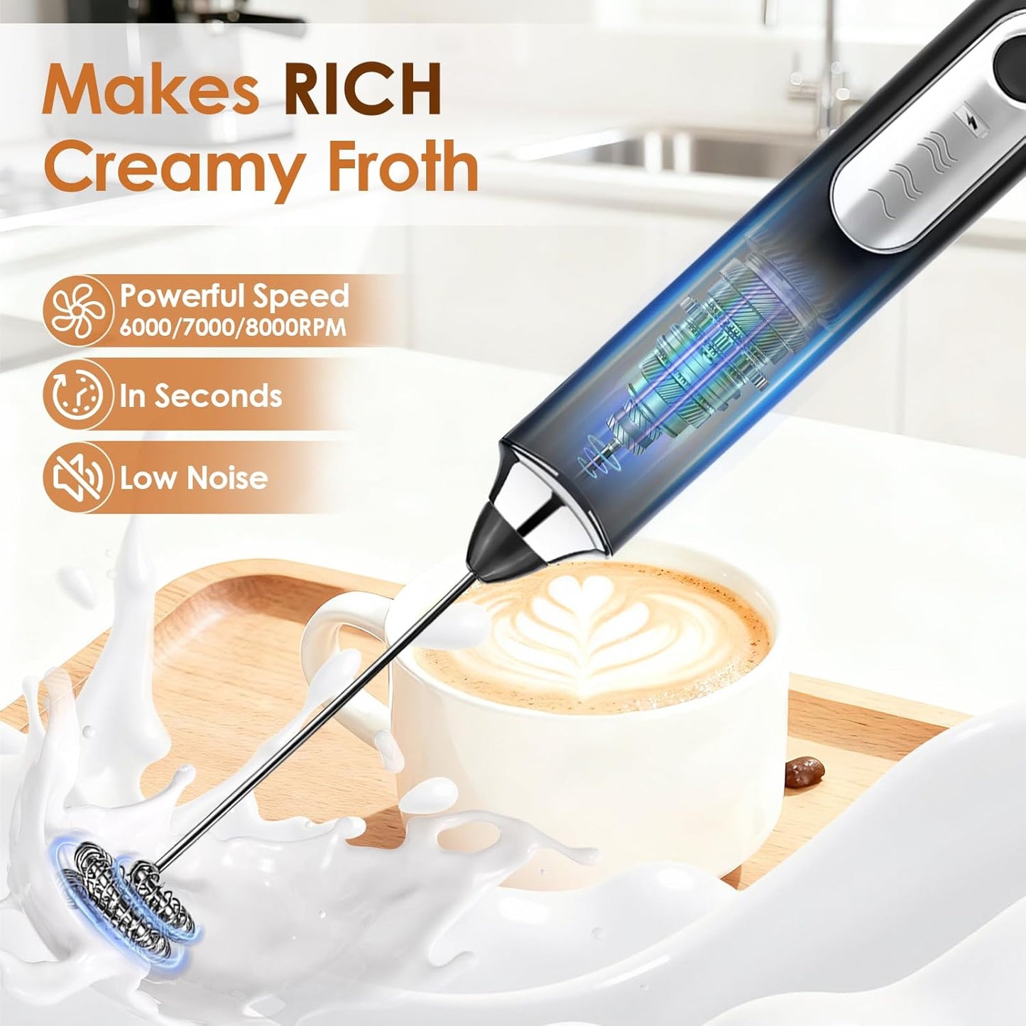 Skiennix Handheld Milk Frother - Rechargeable Electric Drink Mixer with 2 Whisks & 3 Speeds | Black
