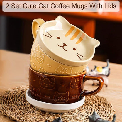 2Pcs Cute Cat Mug with Lid - 10oz Ceramic Tea Cups Set (Brown + Yellow)