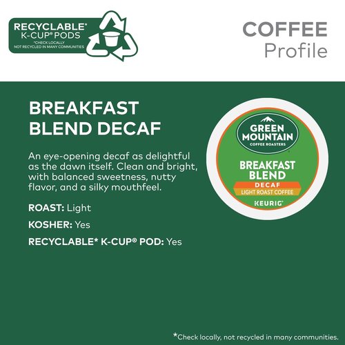 Green Mountain Coffee Roasters Breakfast Blend Decaf Coffee | Light Roast K-Cup Pods, 32 Count