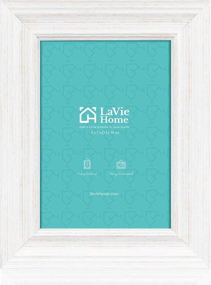 LaVie Home 5x7 Picture Frame - Rustic Distressed White Design with High Definition Glass for Wall & Table Display