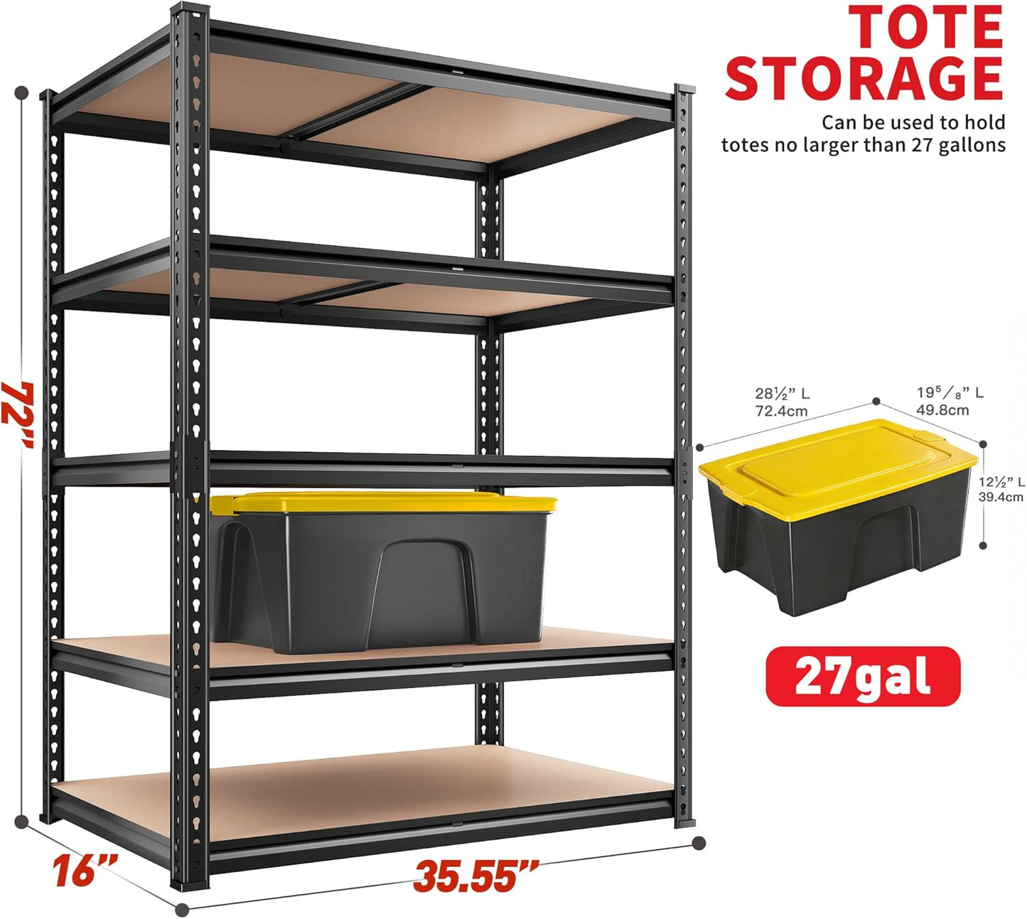 REIBII 5-Tier Heavy Duty Storage Shelves - Adjustable Metal Shelving Unit for Garage, Basement, Kitchen | 72" H x 35.55" W x 16" D, Black