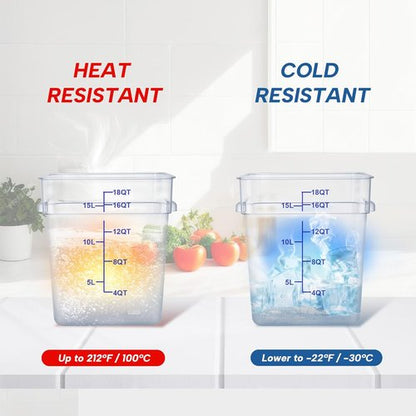 Clear NSF Food Storage Containers - 4 Pack, 18 Quart Square Polycarbonate with Lids & Scale