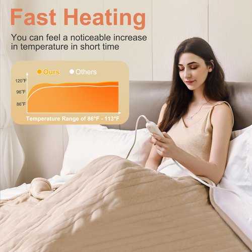 FluffyWarmth Electric Heated Blanket Full Size,72"X84" Electric Blanket Throw with 3 Heating Settings,8 Hours Auto Shut Off, Soft Flannel and Sherpa for Bed Use, Beige