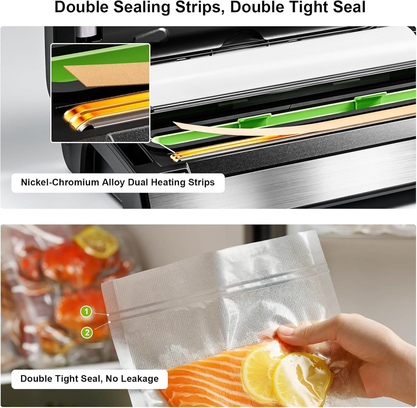 Precision Vacuum Sealer Machine by [Brand Name] - Double Heat Seal for Dry & Moist Food, Easy-Lock Handle, Built-in Bag Storage, Silver