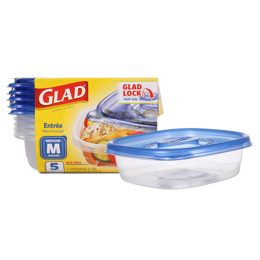 Glad Medium Square Food Storage Containers for Everyday Use | Medium Square Food Storage Containers Hold up to 25 Ounces of Food (25 Oz) |5 Count, Standard Food Containers, Blue, Clear