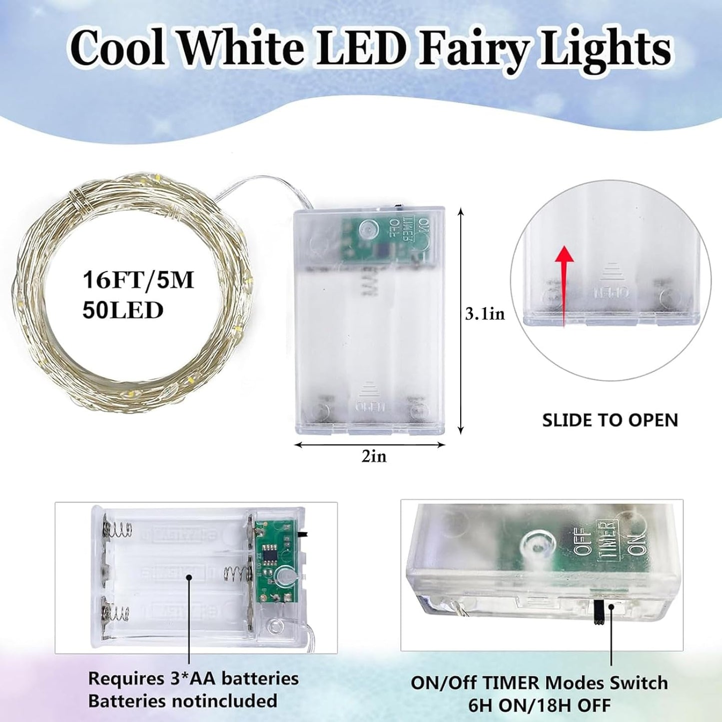 Skiennix 50 LED Fairy Lights - Waterproof 16FT Battery Operated String Lights with Timer | Cool White for Indoor/Outdoor Decor
