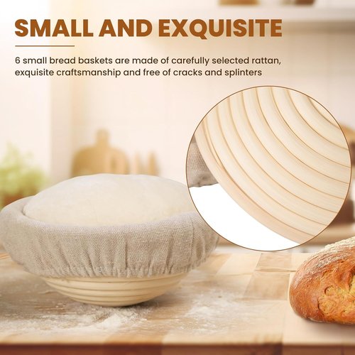 Kikcoin 5-Inch Banneton Bread Proofing Basket Set of 6 | Ideal for Mini Sourdough Baking
