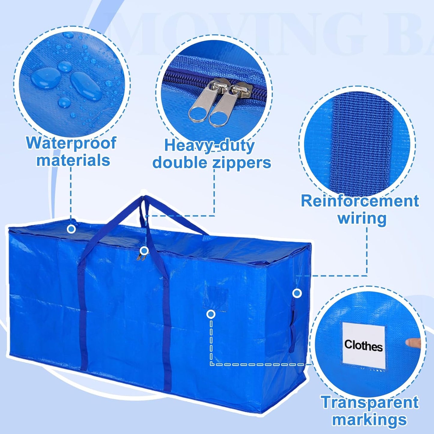Bigmeta 66 Gallon Extra Large Moving Bags - Heavy Duty Zippered Storage Bag for Travel & Home Use, Blue