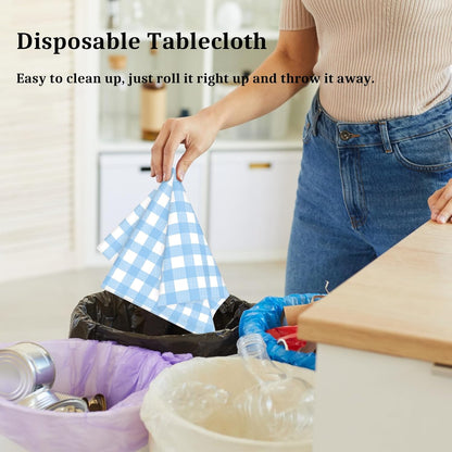Skiennix Light Blue Checkered Tablecloth - Waterproof Disposable Plastic Cover | 54" x 108" for Picnics & Parties