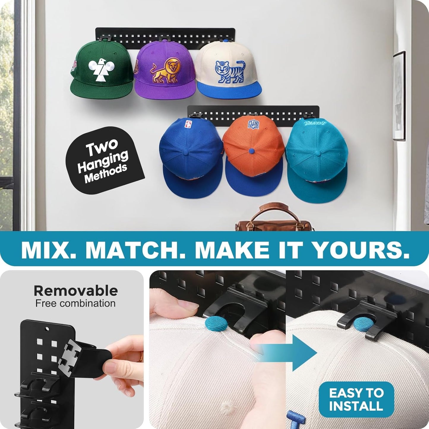 Skiennix 2-Pack Hat Organizer - Detachable DIY Wall Rack Holds Up to 22 Baseball Caps | Black