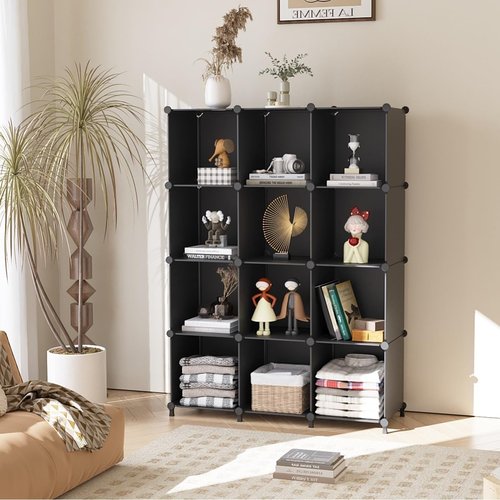 AWTATOS Cube Storage Organizer - Stackable 12-Cube Bookshelf for Closet & Home | Black