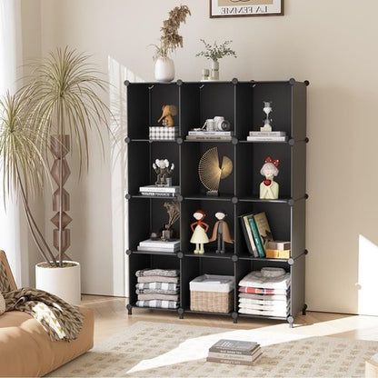 AWTATOS Cube Storage Organizer - Stackable 12-Cube Bookshelf for Closet & Home | Black