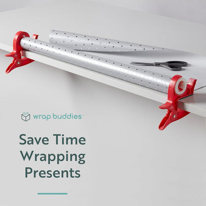 Wrap Buddies Gift Wrapping Tool Set - Adjustable Table Clamps & Tape Dispenser - One-Handed Cutter in Cherry Red