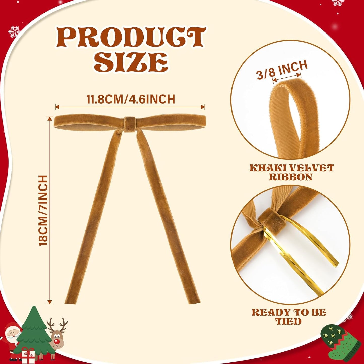 Skiennix 24 Pcs Velvet Bows - Elegant Khaki Christmas Tree Ornaments | 5”x7” Pre-Tied Holiday Décor