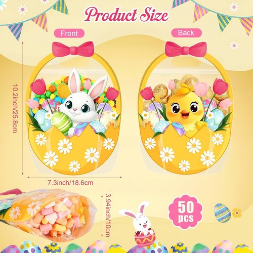 Fuutreo 50 Pcs Easter Gift Bags Transparent Bunny Sealing Pouches with Handles Resealable Happy Easter Plastic Favor Bags for Spring Holiday Party Candy Gift Wrapping Supplies Decor(Chick)