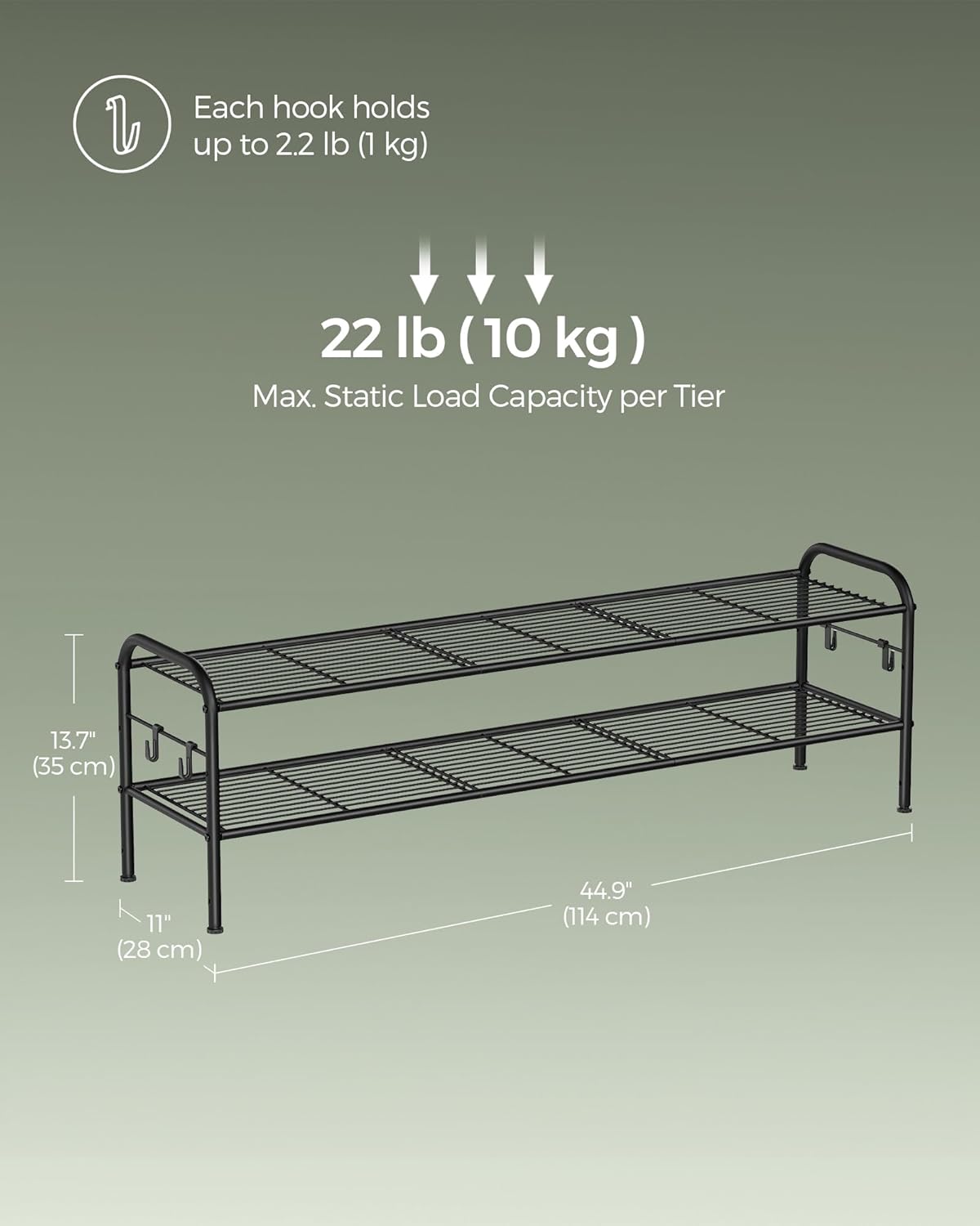 SONGMICS Shoe Rack - 2-Tier Metal Organizer with 4 Side Hooks | Holds 18 Pairs, Height-Adjustable, Ink Black
