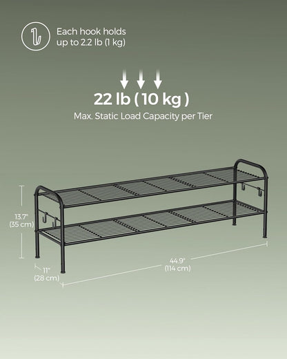 SONGMICS Shoe Rack - 2-Tier Metal Organizer with 4 Side Hooks | Holds 18 Pairs, Height-Adjustable, Ink Black