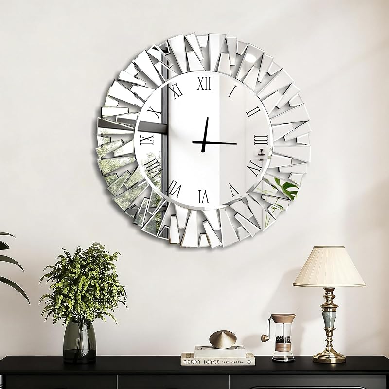 24 Inch Glass Wall Clock - Round Silver Mirror, Silent Battery Operated
