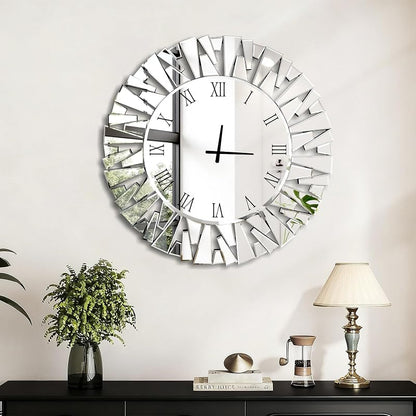 24 Inch Glass Wall Clock - Round Silver Mirror, Silent Battery Operated